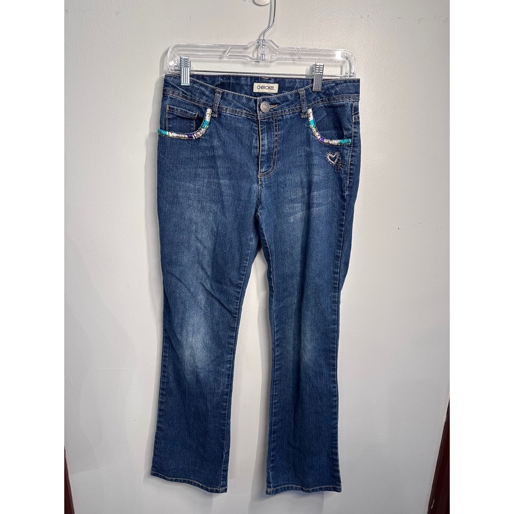 Cherokee Girls Size 16 Denim Jeans Sequin Heart Embroidered Adjustable Waist
